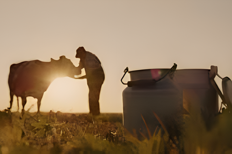 dairy can and animal along with farmer